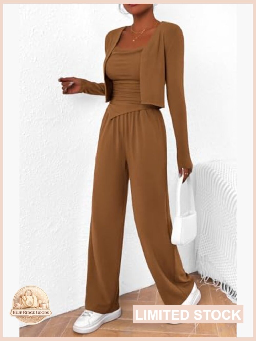 3 Piece Lounge Set Tracksuit Cardigan Crop Top Wide Leg Sweatpants - Picture 4 of 7